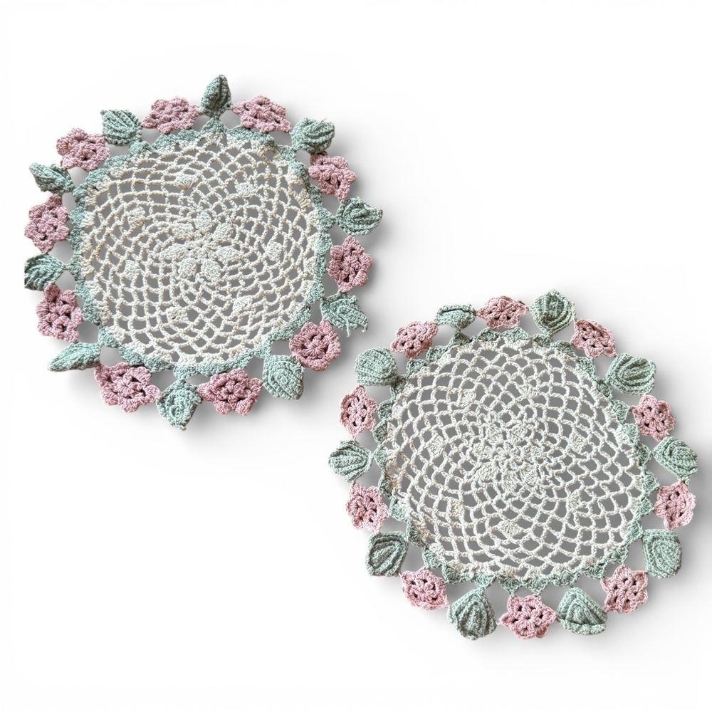 Vintage Set of 2 Crochet Floral Doilies in Pastel Pink & Mint Green 9”